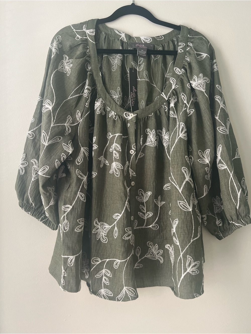 Olivia & Martin 2X Olive Green Embroidered Peasant Boho Blouse NWT Plus Size